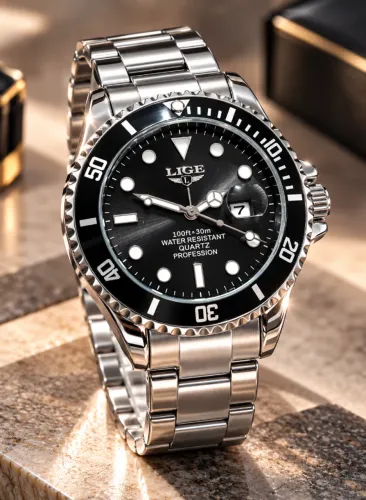 Relógio de pulso Lige Preto Submarine Inox PROVA D'ÁGUA Novo