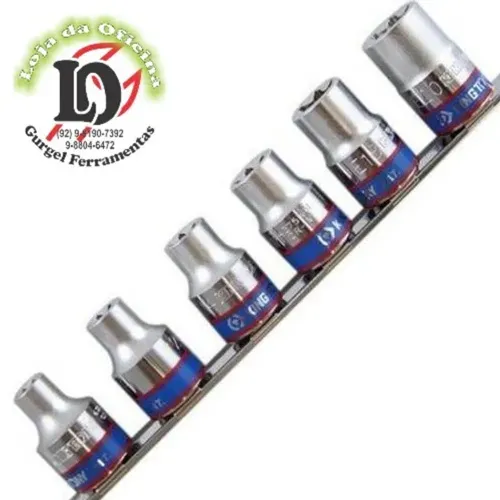 Jogo Soquete Tipo Torx femea c/ 06 pcs - 1/2" - E10, E12, E14, E16, E18 e E20 - King Tony