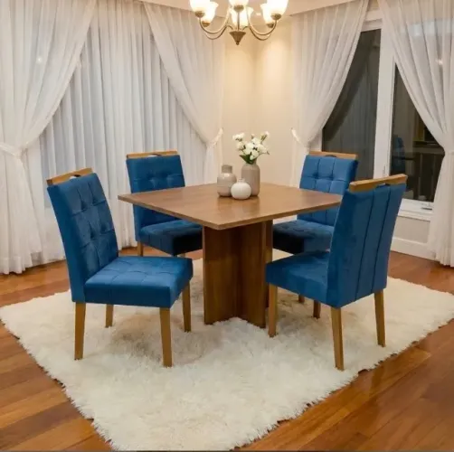 Conjunto Mesa de Jantar Verona 100 com 4 Cadeiras Veludo Azul