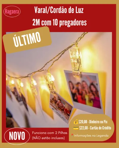 Novo: Varal de Luz - 2M com 10 pregadores (Funciona com 2 Pilhas - não estão inclusas)