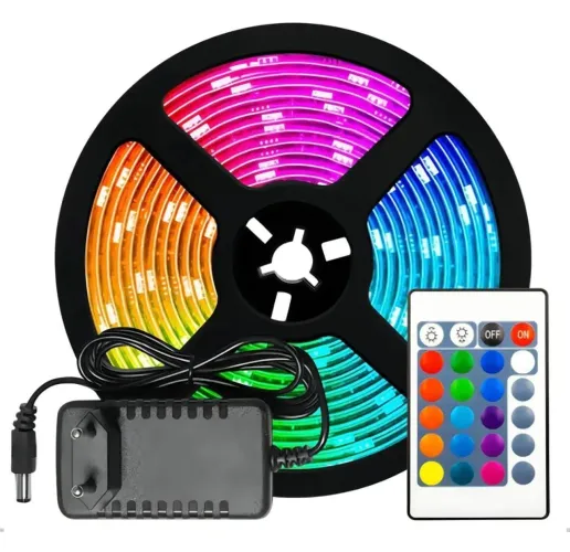 Fita LED RGB colorida 5050 com fonte e Controle Remoto 5 Metros