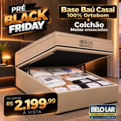 Base Baú Casal 100% Ortobom + Colchão Airtech Molas Ensacadas é na Belo Lar