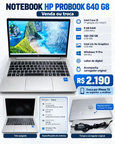HP ProBook 640 G8 i5 11ª Geração 8GB SSD 256GB - Troco por iPhone 12+