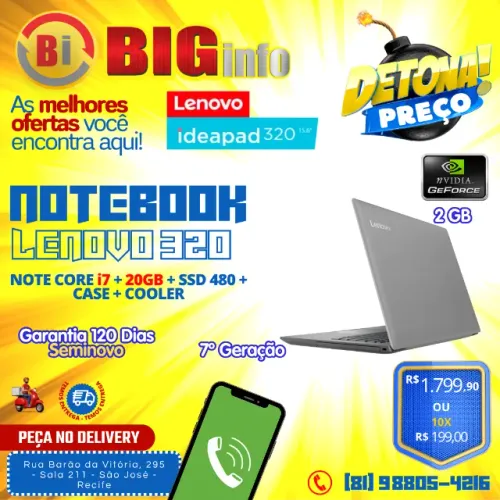 Notebook Lenovo 320 Core i7 7 Geracao 20gb / SSD 480 / VGA Gforce MX 940 2GB / Em ate 10x 