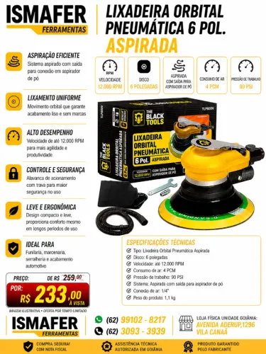 Lixadeira Pneumática Orbital 6 Roquite Hookit Aspiração