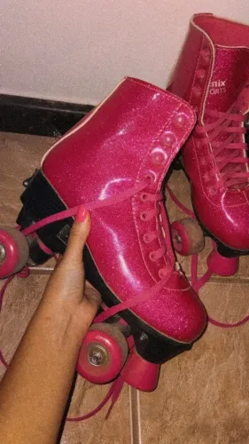 Patins, quatro rodas , ajustável , rosa com glitter