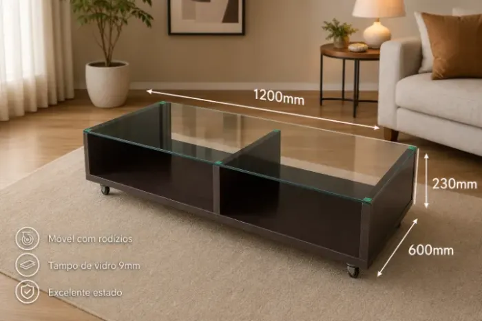 Mesa de centro, Balcão Móvel com Tampo de Vidro