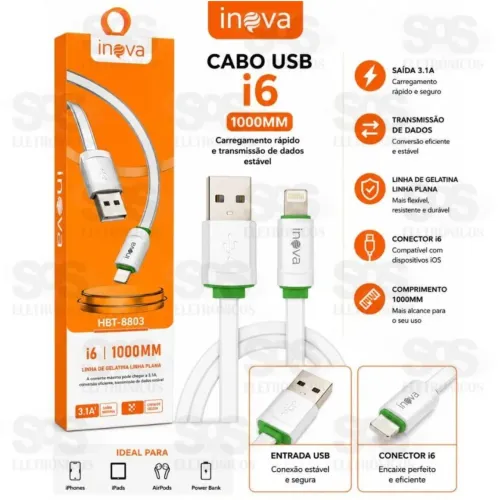 Cabo Carregador iPhone Kit 10 Peças Marca Inova em Silicone