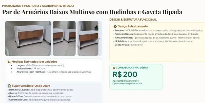 Família Vende Tudo - Par de Armários Baixos Multiuso com Rodinhas e Gaveta Ripada