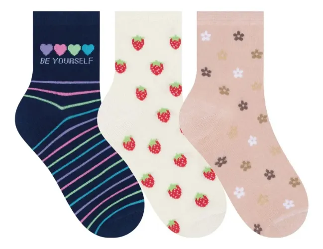 Kit 3 Pares de Meia Estampada - Corações, Morango e Flores 34 ao 39