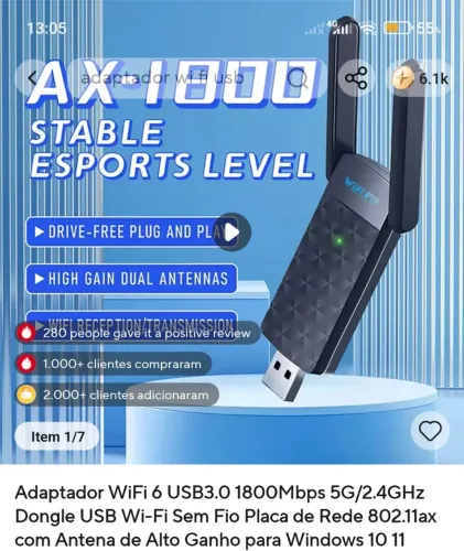 Adaptador Wi-Fi 1800Mbps top Alta velocidade