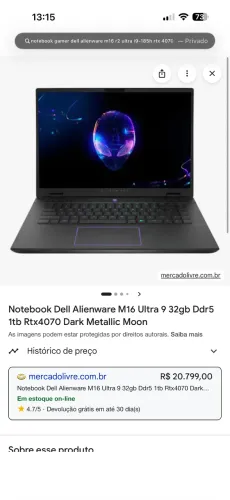 Notebook Dell Alienware M16 Ultra 9 32gb Ddr5 1tb Rtx4070 Dark Metallic Moon