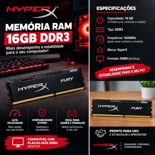 Memória RAM HyperX 16GB DDR3 para PC Gamer