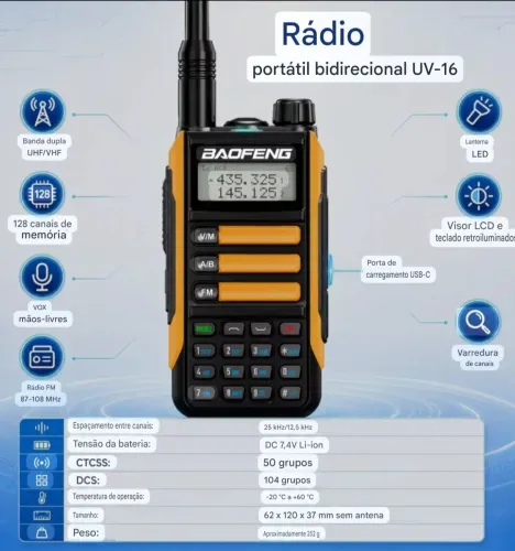 1 Unidade HT Walkie Talkie Baofeng UV 16
