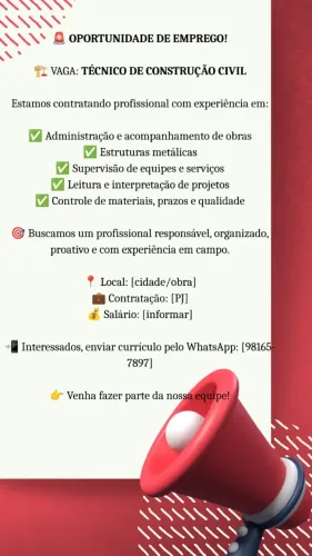 VAGA: TÉCNICO DE CONSTRUÇÃO CIVIL