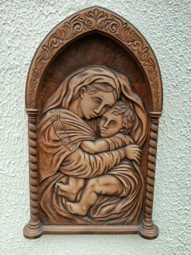 Antigo quadro entalhado Nossa Senhora com o menino Jesus