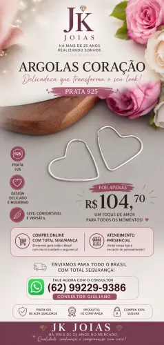 Brincos Argolas Coração em Prata 925