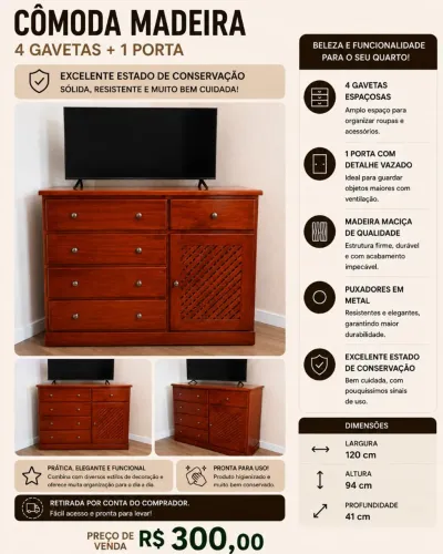 Cômoda de Madeira Maciça - 4 Gavetas e 1 Porta