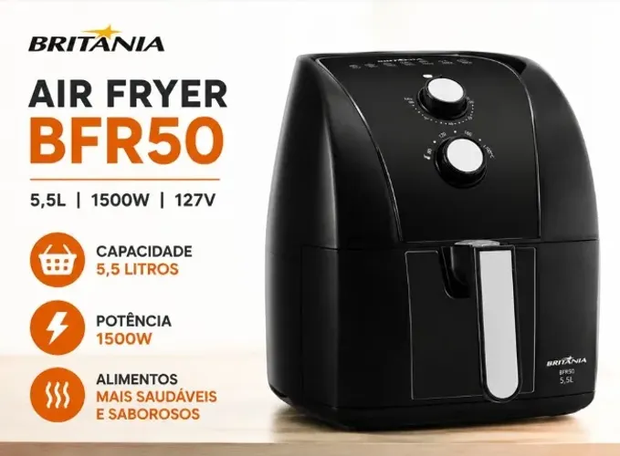 127V Fritadeira Air Fryer Britânia 5,5L 1500W BFR50 Redstone