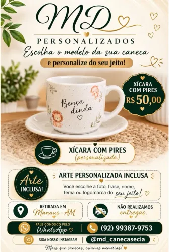 Xícara de porcelana com pires, personalizada.