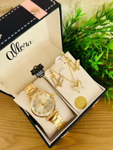 Kit Relógio Feminino Resistente à Água + Colar e Brincos Folheados - Elegância Completa