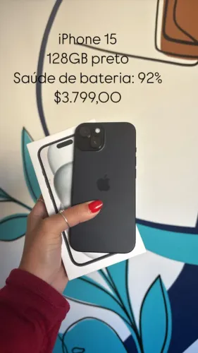 iPhone 15 / 128GB / Preto / Saúde de bateria 92% / R$ 3.799,00