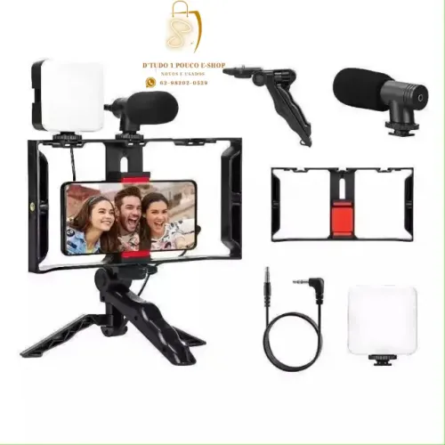 KIT INFLUENCIADOR- 5 PEÇAS -Estabilizador Celular Luz Led Mini Tripé Portátil Vlog