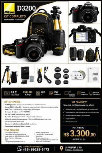 NIKON D3200 KIT COMPLETO + 2 LENTES + BOLSA + TRIPÉ + ACESSÓRIOS - IMPECÁVEL!
