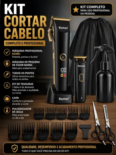 Kit Profissional de Corte Kemei Completo - Máquina + Tesouras + Acessórios