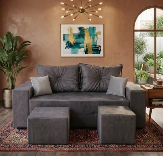 Sofá quadrado 3 lugares com centro, puff e almofadas decorativas grátis