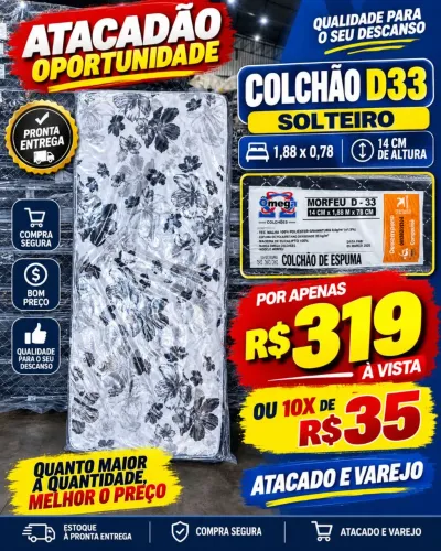 Colchão D33 Solteiro 14cm 1,88x0,78 R$319