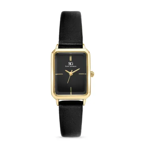 Relógio Feminino Retangular Octavia Couro Preto Fundo Preto e Caixa Dourada 23mm