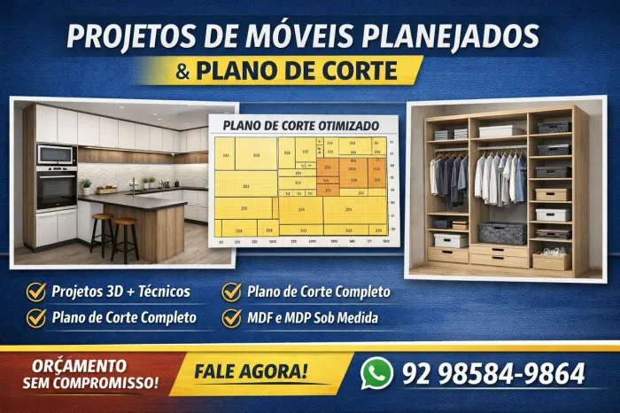 PROJETOS DE MÓVEIS PLANEJADOS + PLANO DE CORTE<br>