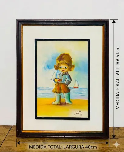 Quadro Vintage Menino Big Eyes Judith 1978 Com Moldura 51x40