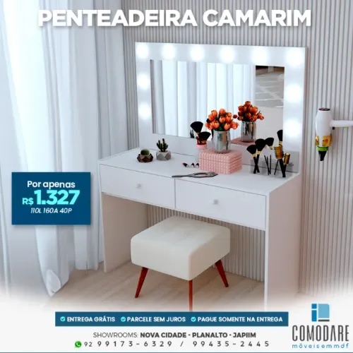 Penteadeira Camarim 110 cm com Espelho Iluminado e 2 Gavetas - R$ 1.327