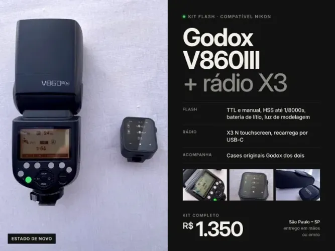 Flash Godox V860III + Rádio X3 Nikon - Kit Completo Estado de Novo