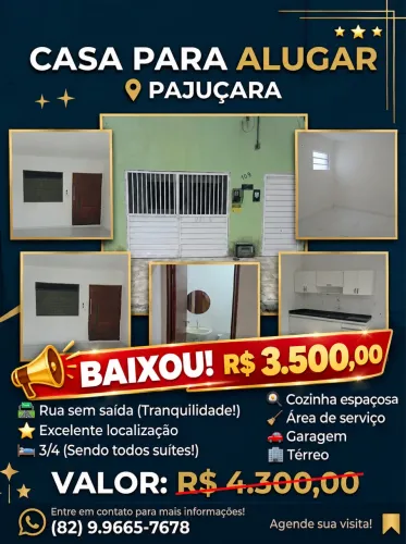 Alugo excelente casa térrea na Pajuçara com 3 suítes e garagem - 150m²