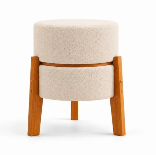Puff que vira mesinha com pés cor areia tecido boucle