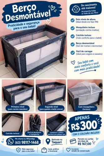 Berço desmontável portátil com colchão 