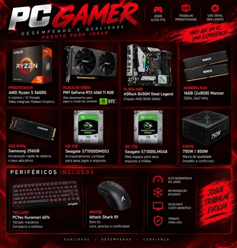 PC GAMER RTX 4060 Ti | RYZEN 5 5600G | 16GB RAM | 2,25TB