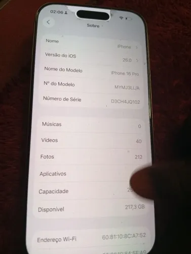 iPhone 16 pro 246 GB sem marca de uso só usa chip virtual