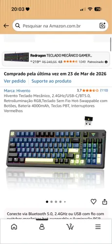Teclado gamer mecânico Hivento sem fio 