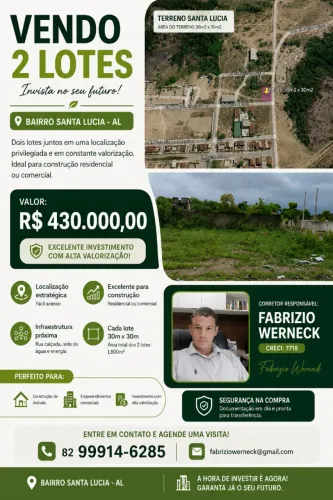 2 Lotes a venda no bairro da Santa Lucia, Maceió AL, medindo 15m2 por 30m2 cada.