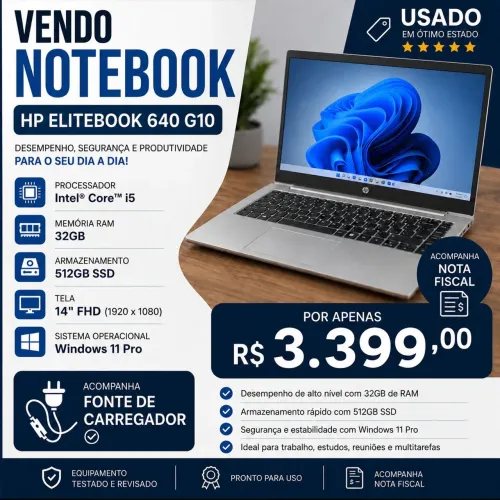 Notebook HP EliteBook 640 G10 14P - Intel i5 - Windows 11Pro - 32GB RAM - 512GB SSD FHD