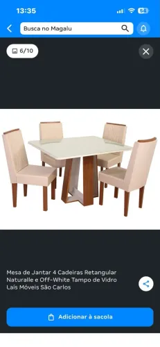 Mesa de Jantar 4 Cadeiras Retangular Naturalle e Off-White Tampo de Vidro Laís Móveis São