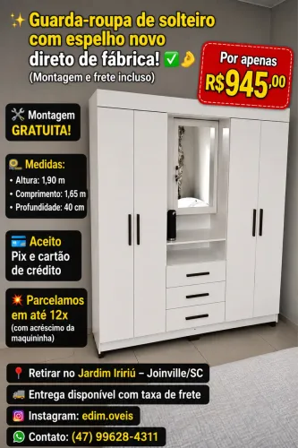 Guarda-Roupa de solteiro com espelho! Montagem e entrega inclusa para joinville!