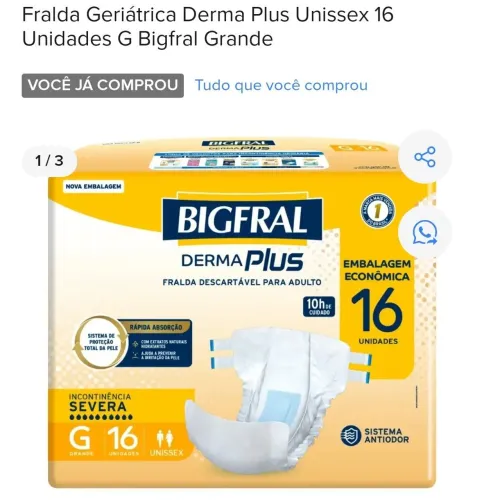 Fralda Geriatrica Derma Plus Unissex 16un G Bigfral Grande 