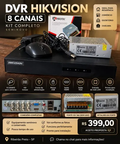DVR HIKVISION 8 CANAIS + HD + FONTE + MOUSE | SEMINOVO
