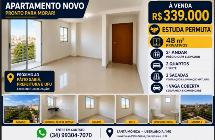 Apartamento Novo 2 Quartos c/ Suíte | 2 Sacadas | Próximo UFU | R$ 339 Mil