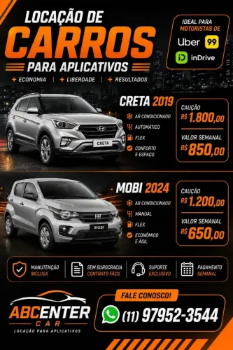 Locação de veiculos para motoristas de aplicativos- Nessário residir no ABC
